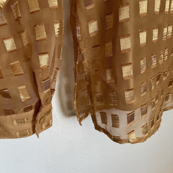 Basic Editions Sheer Jacquard Collared Button Up Gold Holiday Top Shirt Womens L - Picture 6 of 9